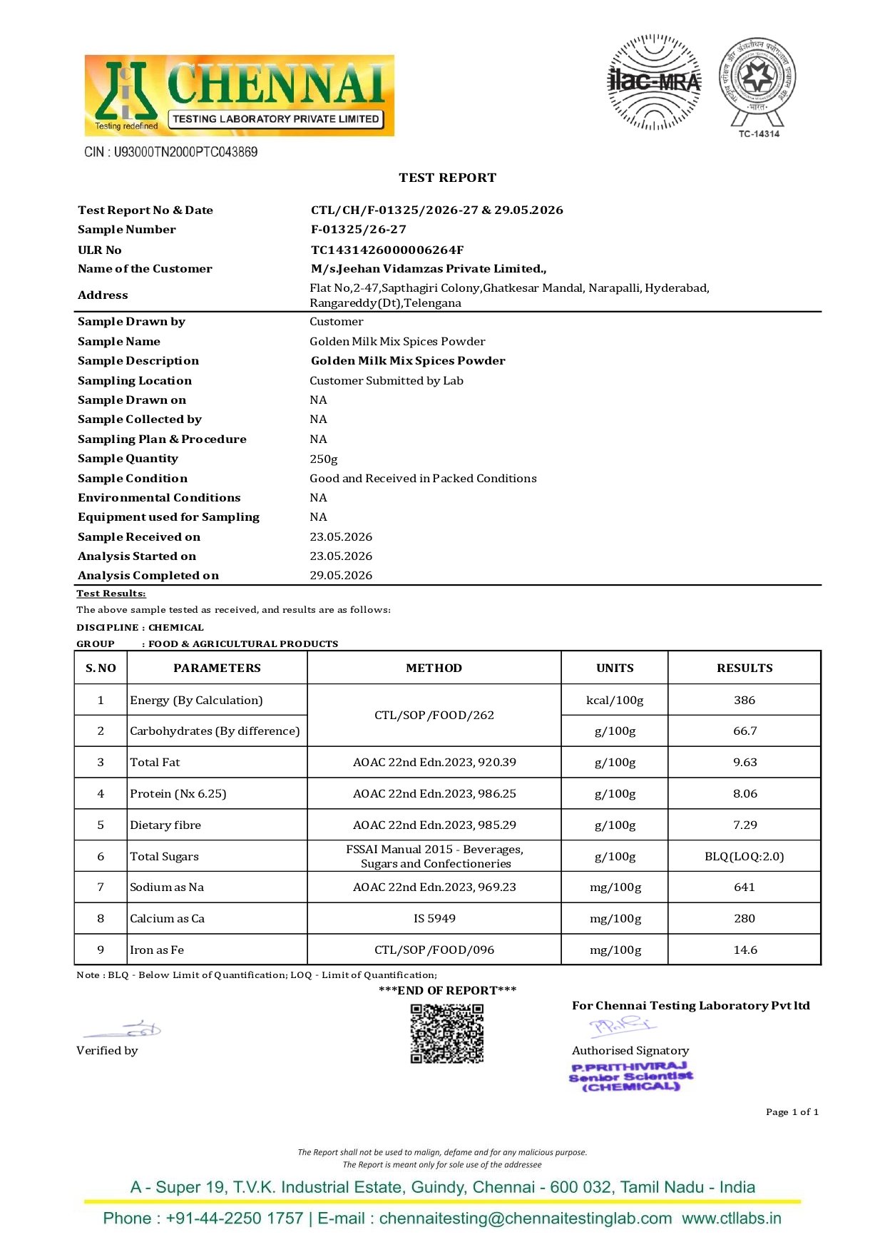 Golden Milk Mix Nutritional Fact Report