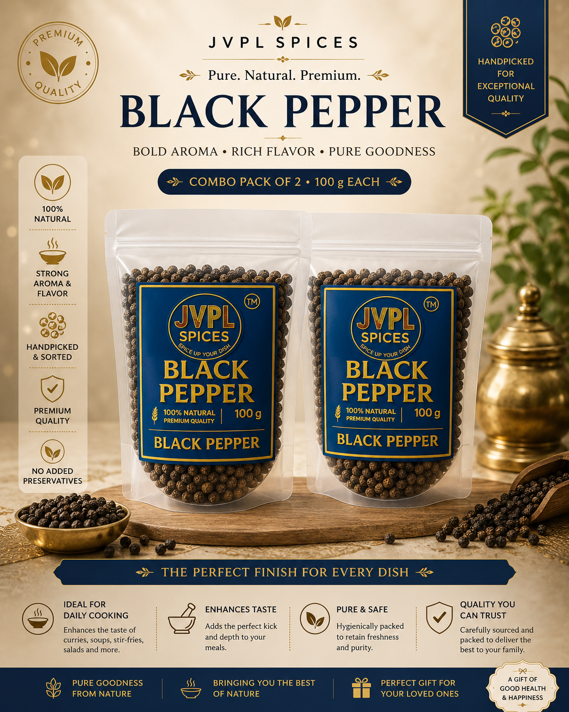 Premium Whole Kerala Black Pepper Kali Mirch handpicked from fertile estates