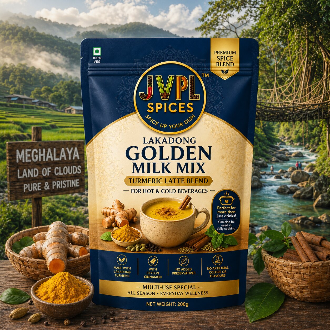 Premium Lakadong Golden Milk Mix blended with seven natural spices including Ginger and Ceylon Cinnamon